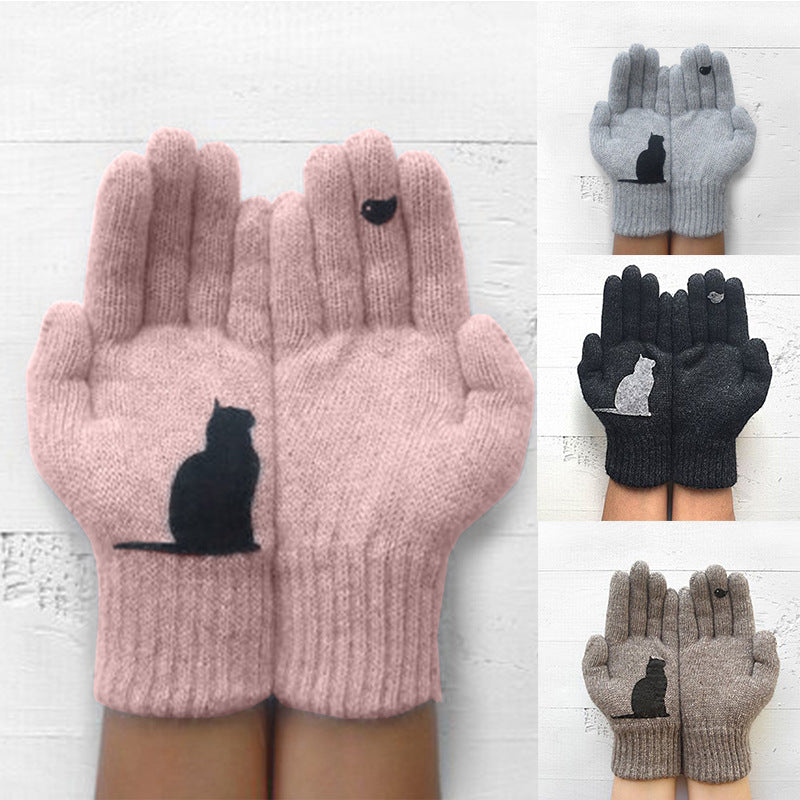 Glistensport™ Cute Cat Print Knitted Thickened Warm Split Finger Gloves