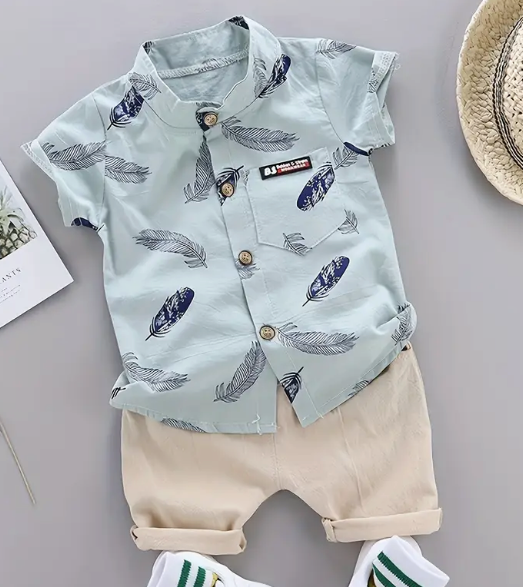 GlistenSport Toddler Summer Feather Print Shirt Shorts Set