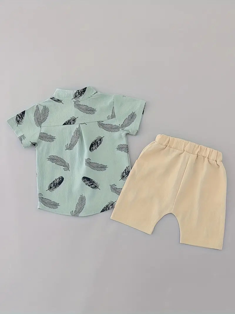 GlistenSport Toddler Summer Feather Print Shirt Shorts Set