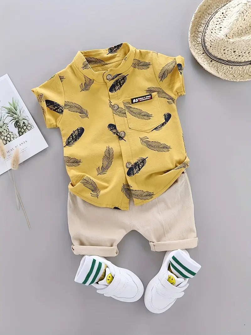 GlistenSport Toddler Summer Feather Print Shirt Shorts Set
