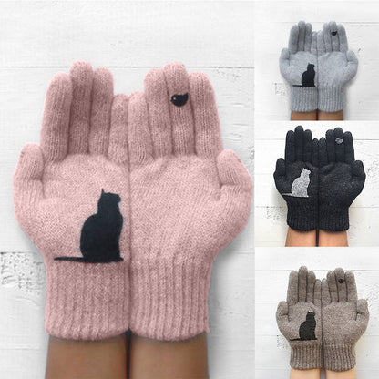 Glistensport™ Cute Cat Print Knitted Thickened Warm Split Finger Gloves