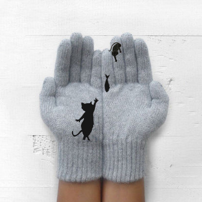 Glistensport™ Cute Cat Print Knitted Thickened Warm Split Finger Gloves