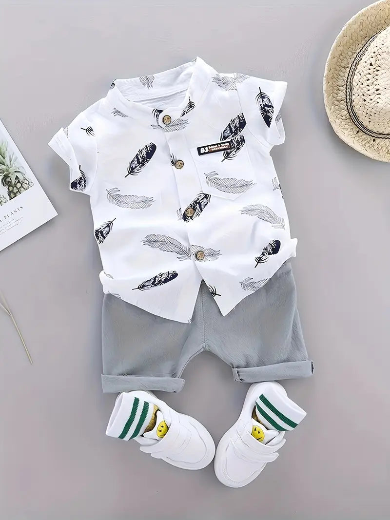 GlistenSport Toddler Summer Feather Print Shirt Shorts Set
