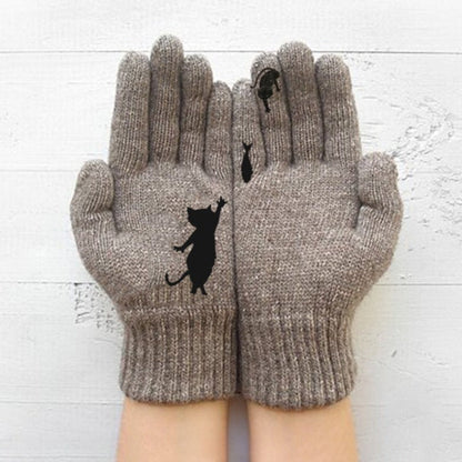Glistensport™ Cute Cat Print Knitted Thickened Warm Split Finger Gloves