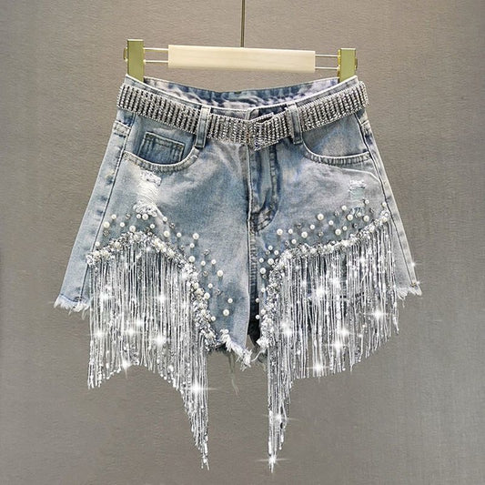 Glistensport Tassel Denim Shorts