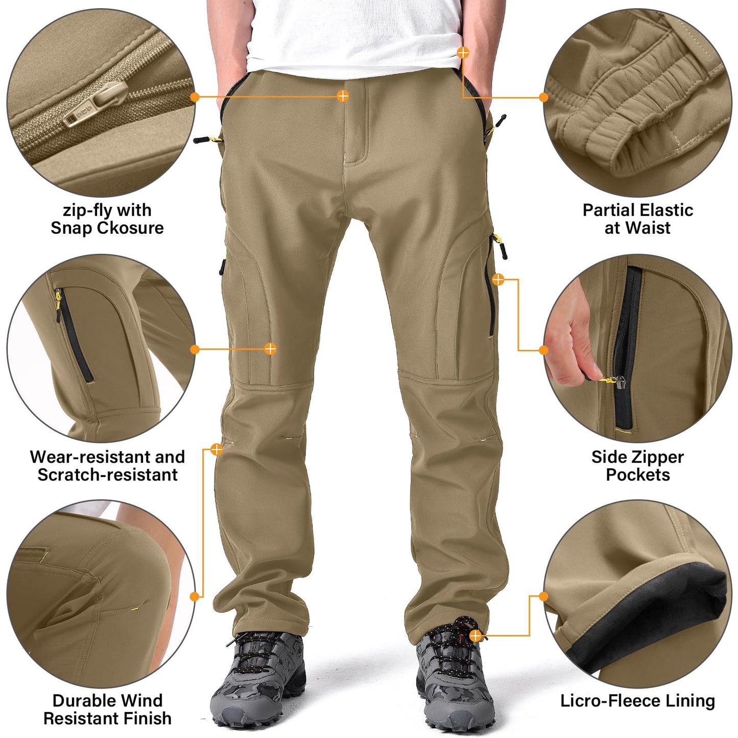 Men's Winter Pants 5 Zip Pockets Snow Ski Pants Fleece Lined Water Resistant Hiking Pants
