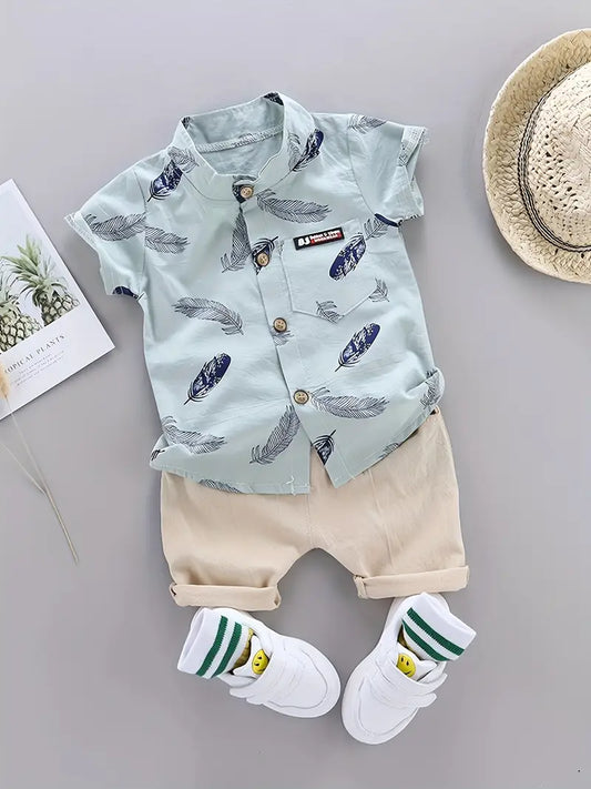 GlistenSport Toddler Summer Feather Print Shirt Shorts Set